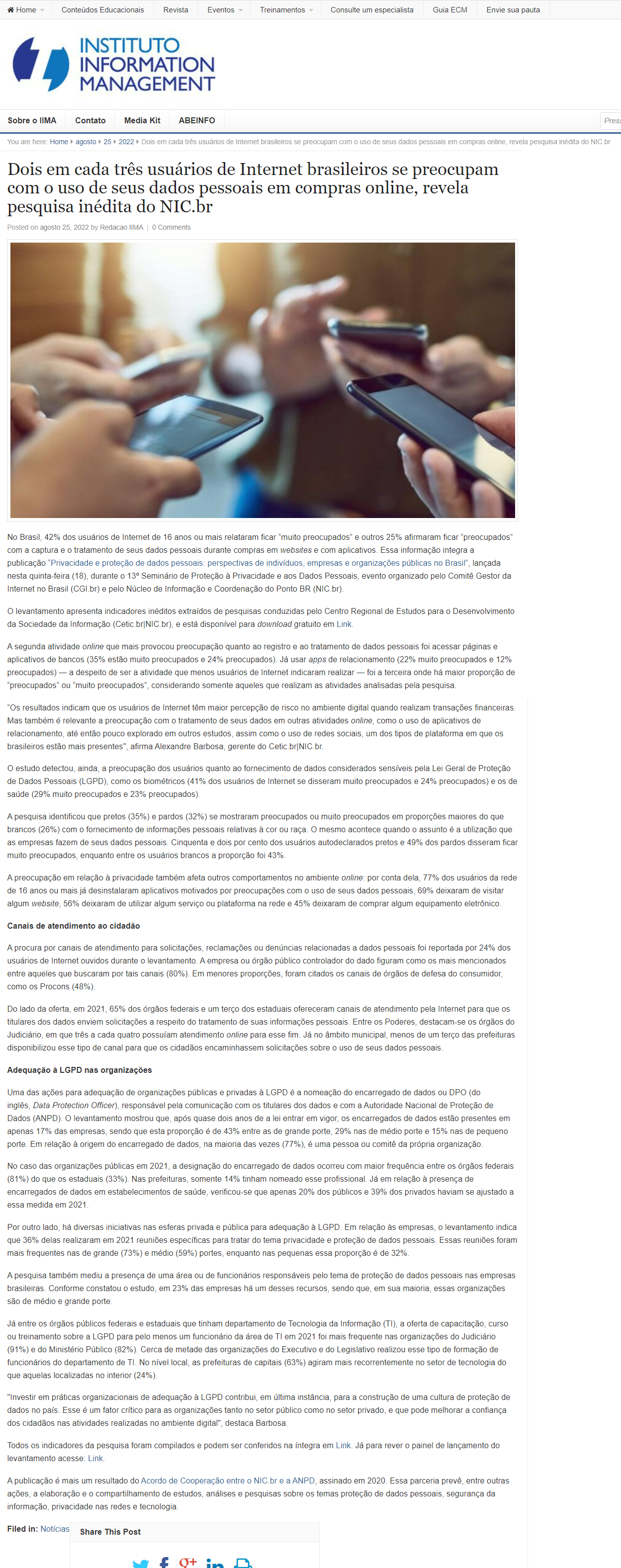Dois em cada três usuários de Internet brasileiros se preocupam com o uso de seus dados pessoais em compras online, revela pesquisa inédita do NIC.br